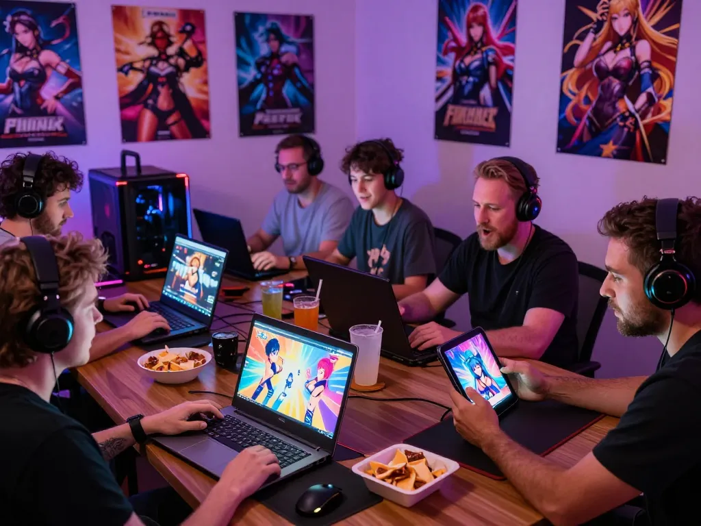 Group of adults playing hentai games on various devices in a cozy gaming room.