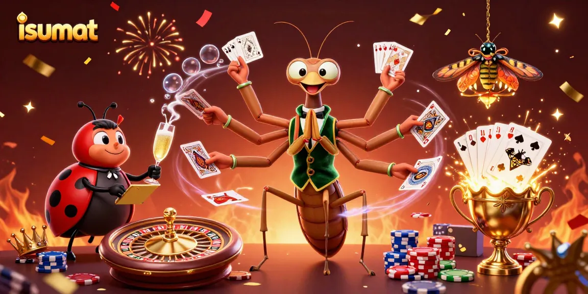 Exciting isumat gaming scene with a mantis dealer and ladybug pit boss amid vibrant casino elements.