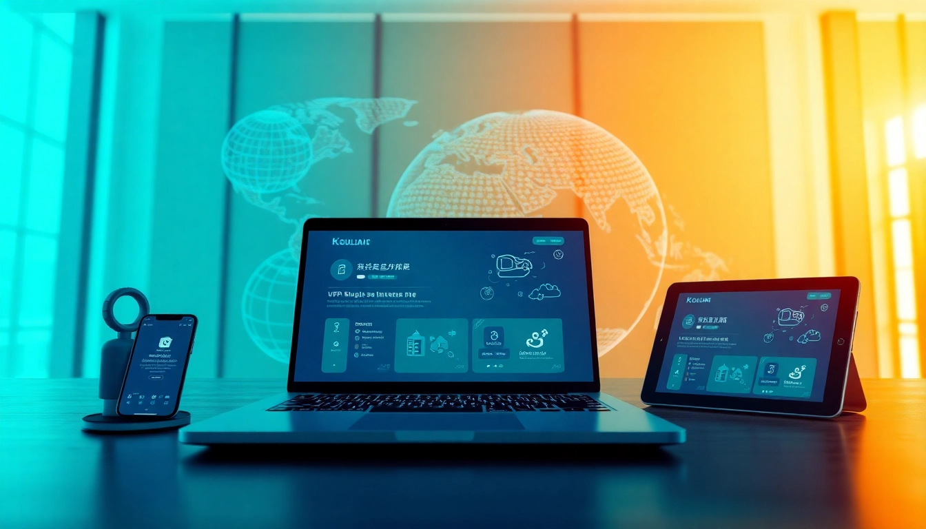 快连下载 enhances global connectivity in a modern workspace with devices showing VPN access.