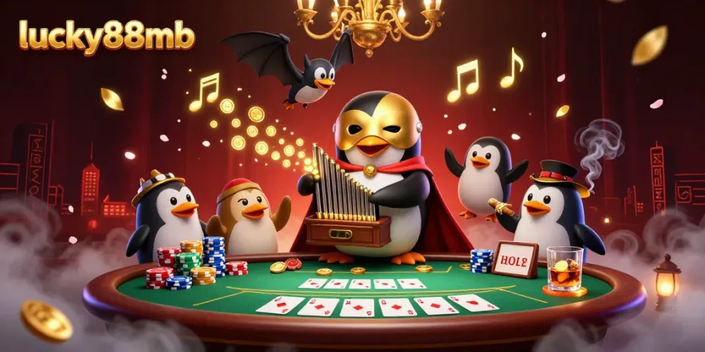 Experience the excitement of lucky88mb casino games with our vibrant 3D illustration featuring a golden masked penguin and poker elements.