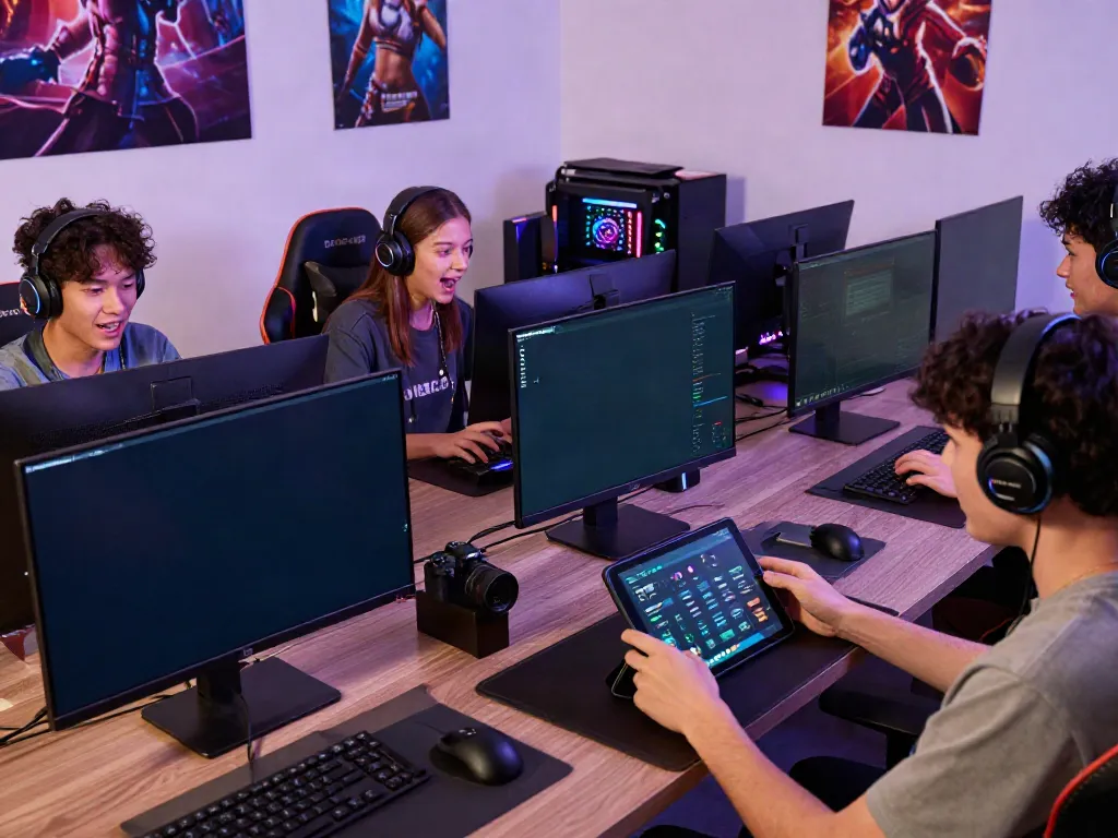 Engaging atmosphere of online gamers using the qqmacan link in a vibrant gaming setup.