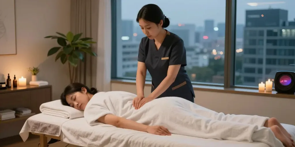 Providing 강남출장안마 service in a tranquil upscale setting, relaxing atmosphere with candles and essential oils.
