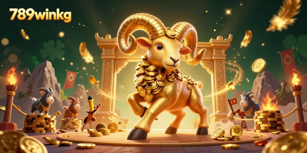 Engage in thrilling gameplay with 789winkg's dazzling golden ram charging through a vibrant casino scene full of energy.