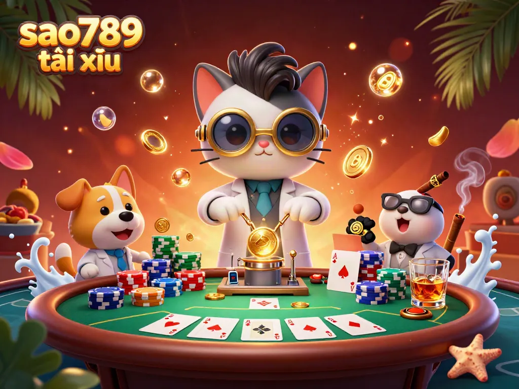 Engage in sao789 tài xỉu featuring a mad scientist cat and dog amid vibrant casino elements.