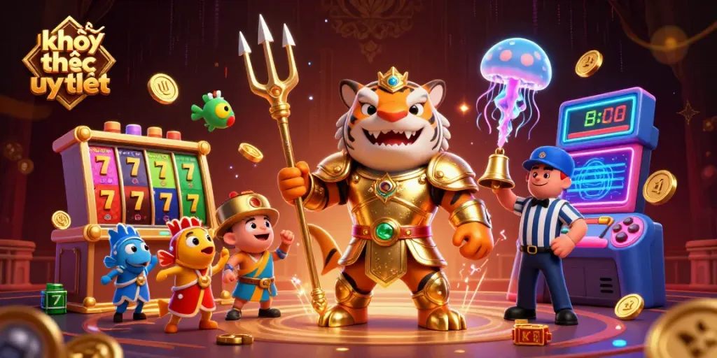 Engage with khóa học uy tín in an action-packed casino scene featuring vibrant slot reels and characters.