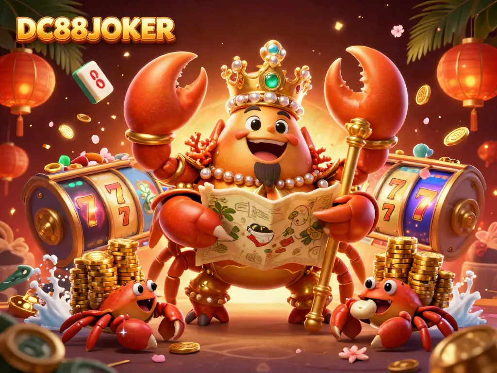 Engage in thrilling slots with DC88JOKER featuring a vibrant golden crab emperor illustration.