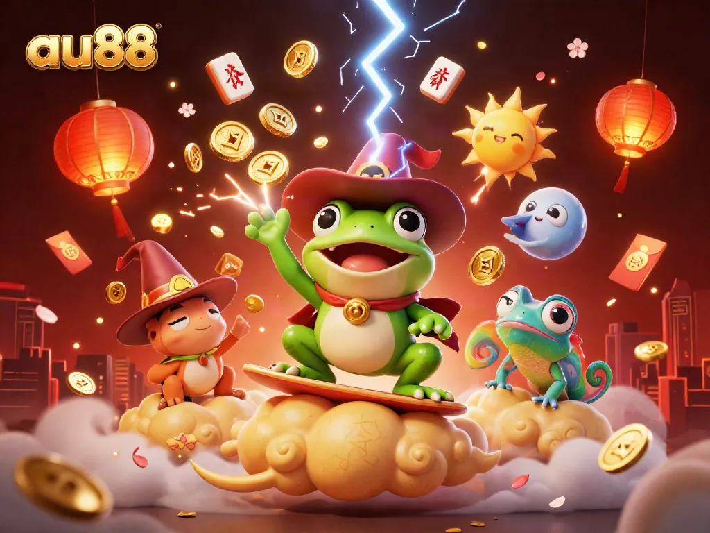 Experience the magic of au88 with a whimsical scene of a frog wizard and chameleon amidst golden coins and vibrant casino elements.