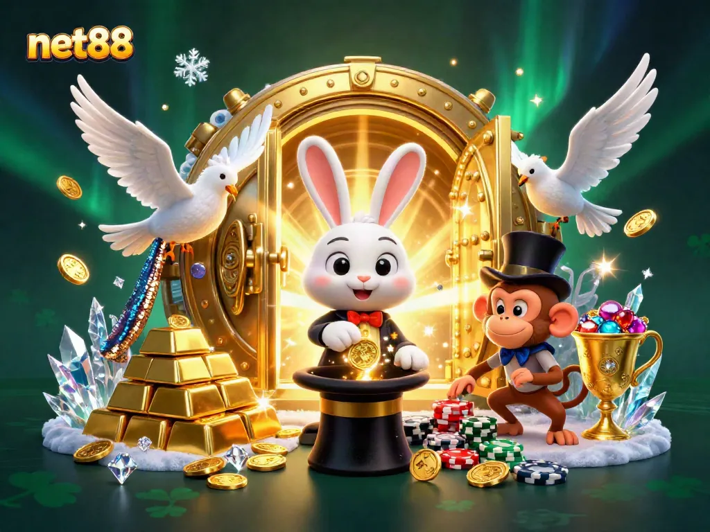 Experience the enchantment of net88 with a magician rabbit, assistant dove, and monkey amidst golden treasures.