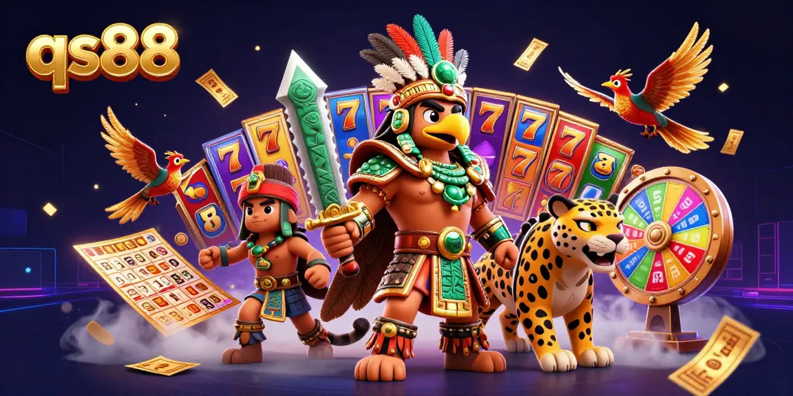 Experience the excitement of qs88 with colorful slot reels and dynamic gaming elements in a vibrant illustration.