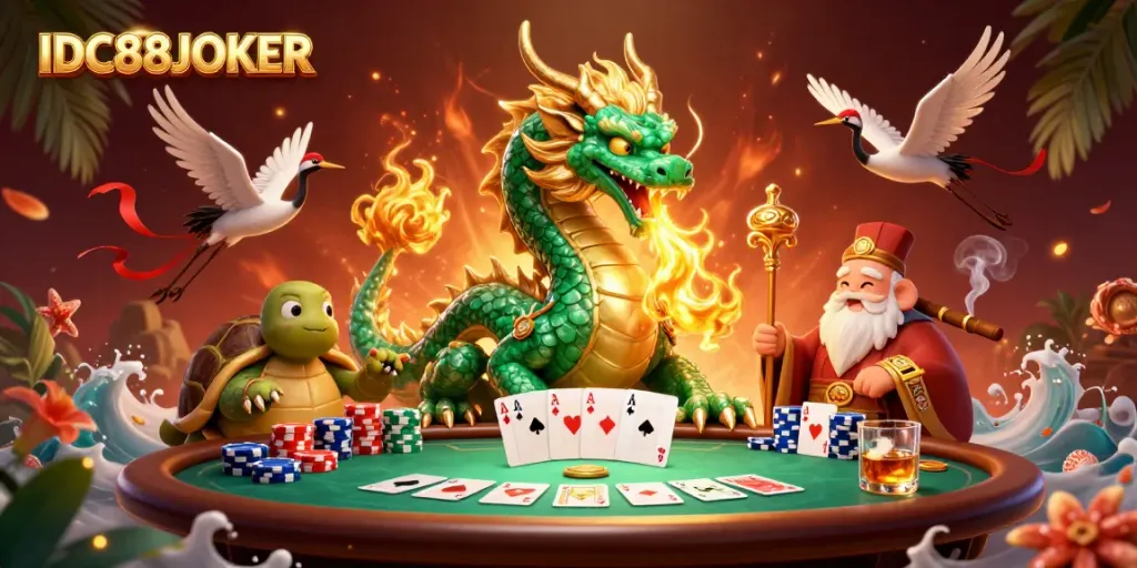 Experience the excitement of IDC88JOKER with a lively 3D casino scene featuring mythical creatures and poker elements.