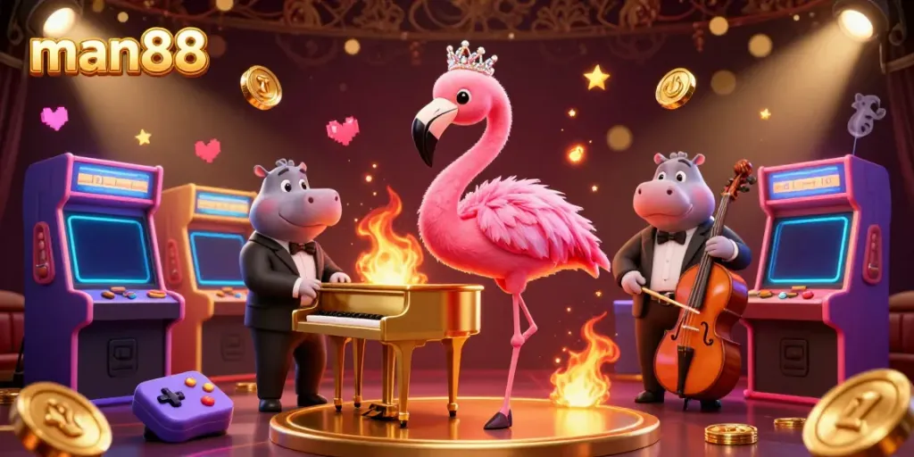 Experience vibrant gaming at man88 with a lively casino scene featuring cartoon characters and neon arcade elements.