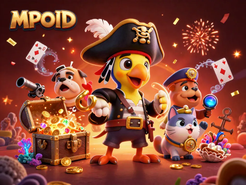 MPOID pirates celebrate with gold and gems in a vibrant 3D casino-themed adventure
