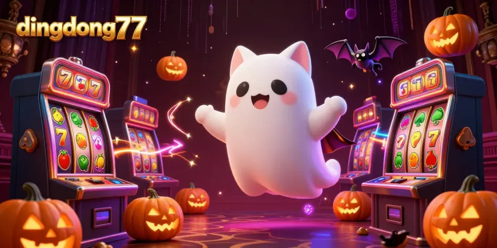 Experience thrilling gameplay with dingdong77 as a ghost cat navigates a vibrant haunted casino filled with jackpots.
