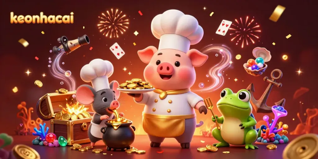 Engage with keonhacai as the chef pig serves gold coins, surrounded by magic and celebration.