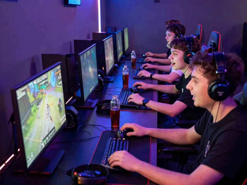Men enjoying competitive gaming at Manclub with vibrant ambiance.