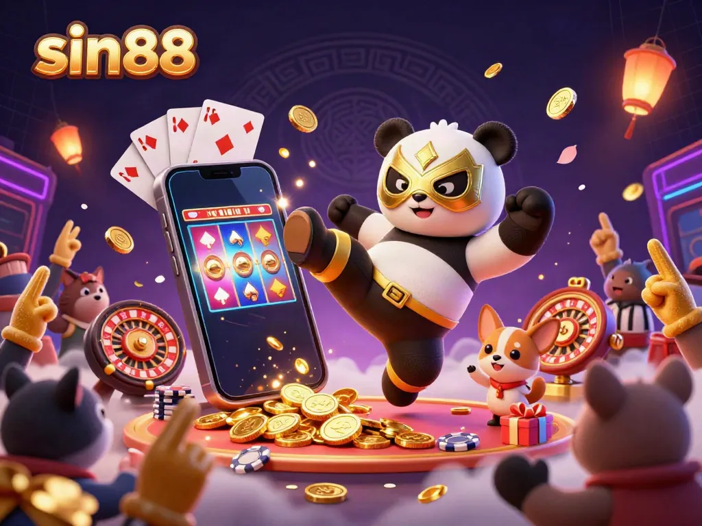 Experience thrilling gambling action at sin88 with an animated panda wrestler in an exciting casino scene.