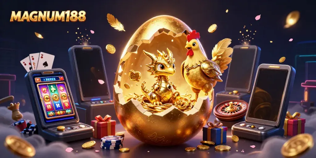 Experience MAGNUM188 magic with a golden dragon and poker chip nest in a vibrant casino scene.