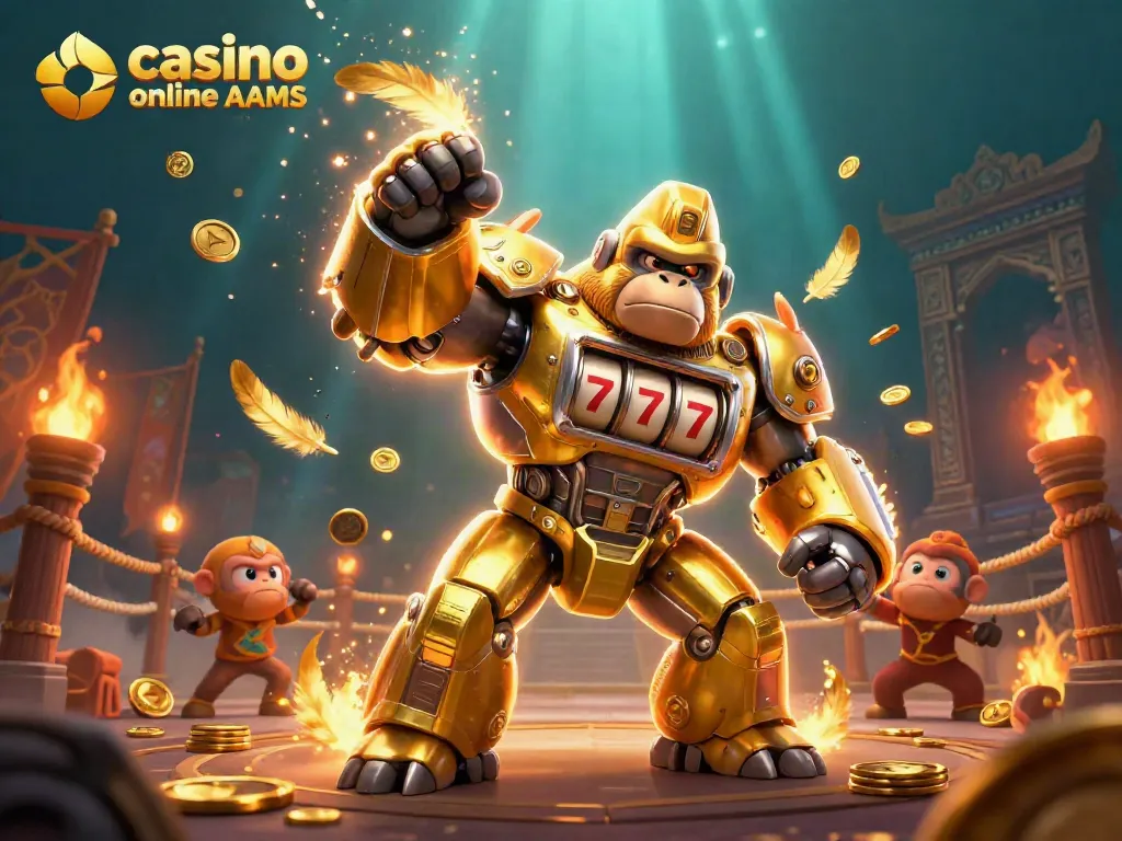 I migliori casino online non AAMS con un gorilla mech d'oro tra slot e simboli di vincita.