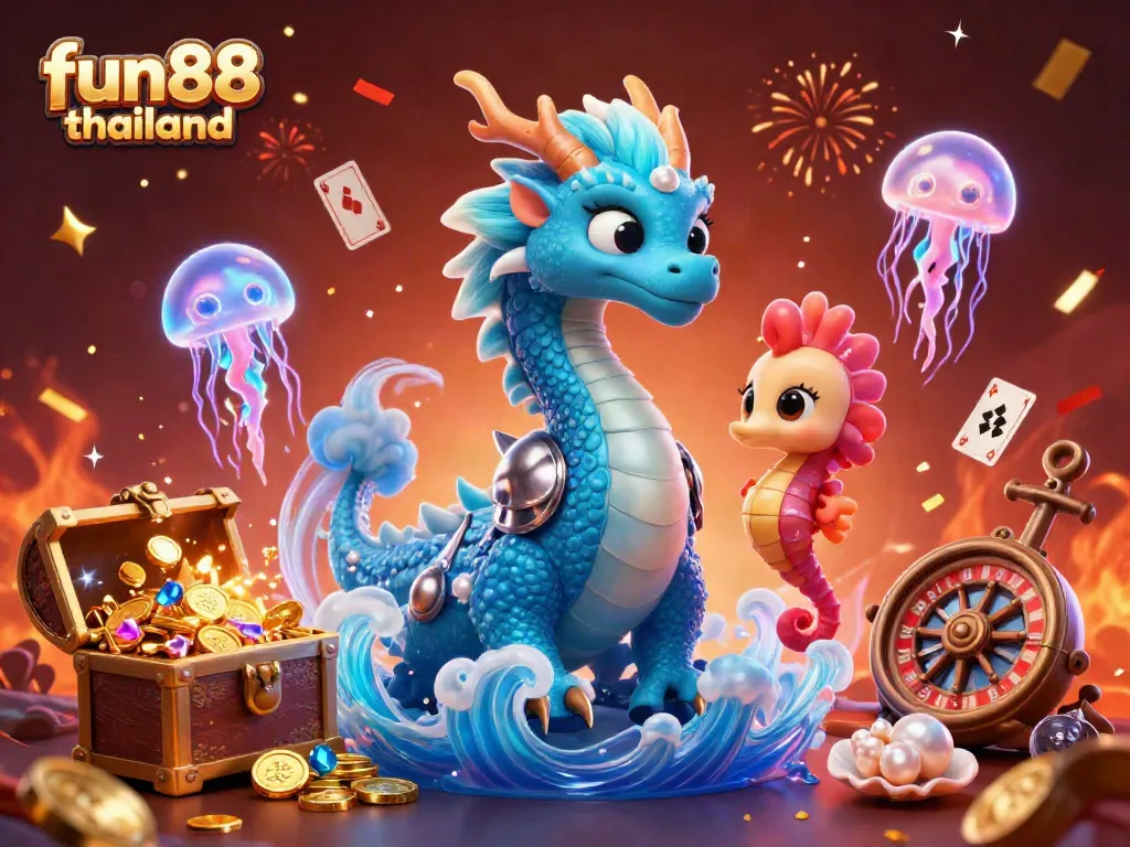 Experience the excitement of fun88 thailand with an azure dragon, coral knight, and neon jellyfish in a vibrant casino scene.