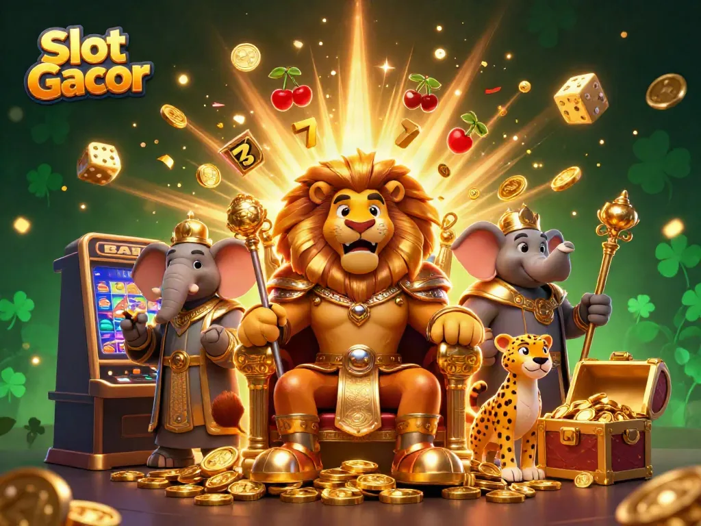 Experience Slot Gacor excitement with a vibrant illustration of a lion king, a wise elephant, and a cheetah amidst dynamic casino elements.