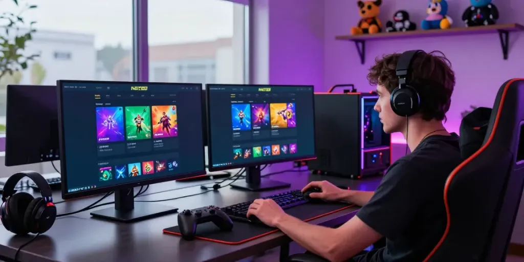 Engaged player using NET88 platform in a stylish gaming room with vibrant lighting.