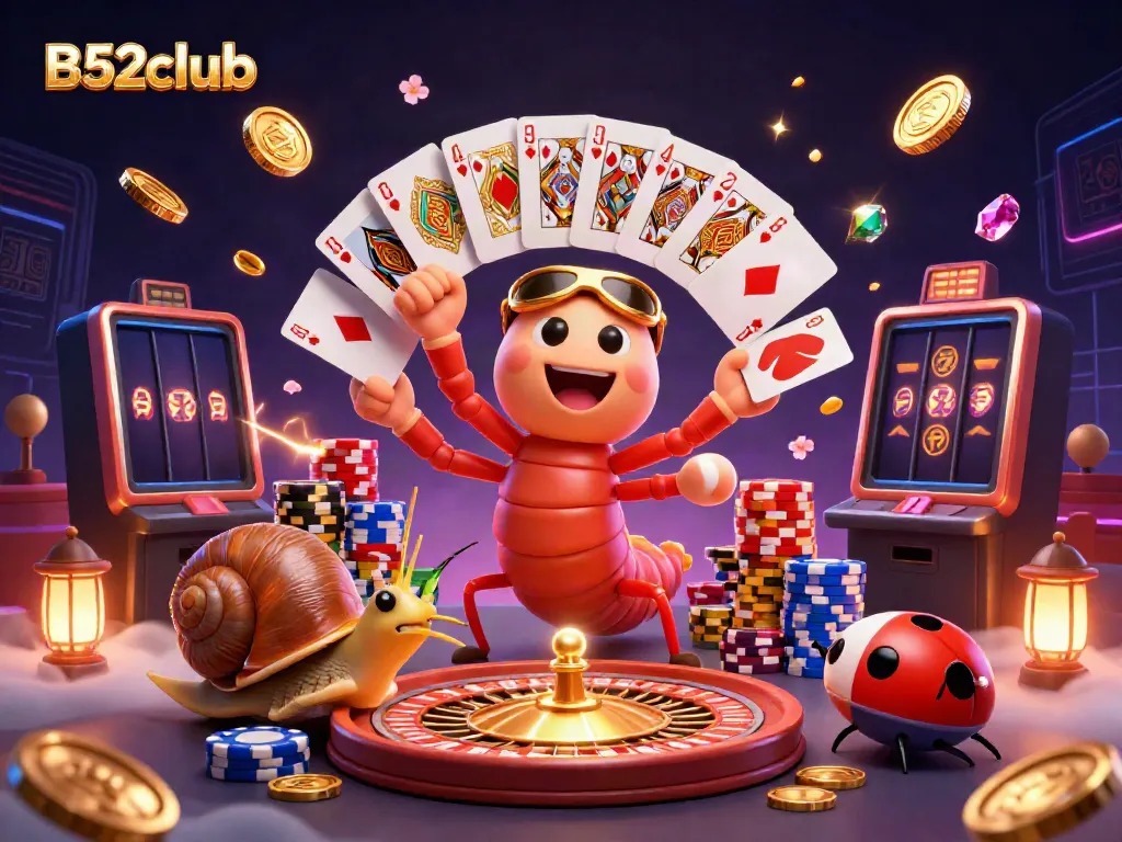 Experience exhilarating gameplay at B52club with a lively cartoon casino scene filled with characters and dynamic elements.