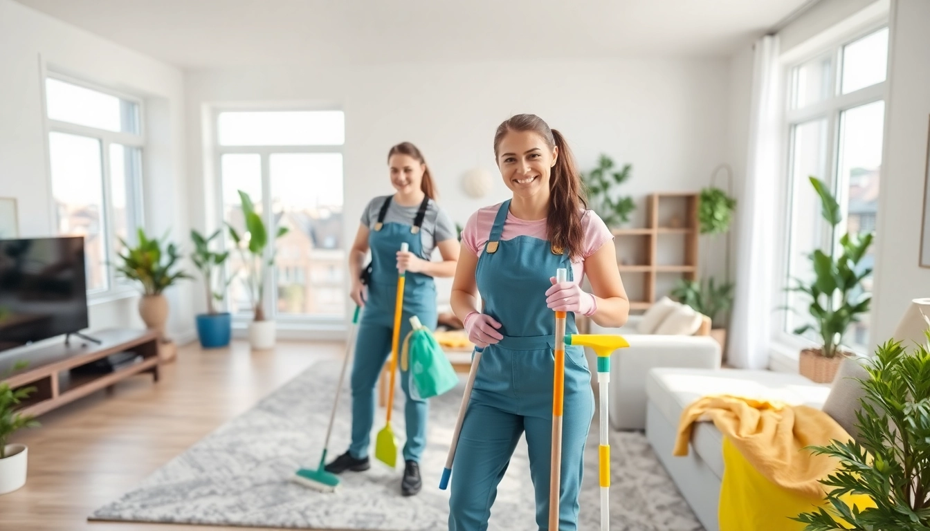 Engaged cleaners demonstrating cleaning services calgary in a bright home environment.