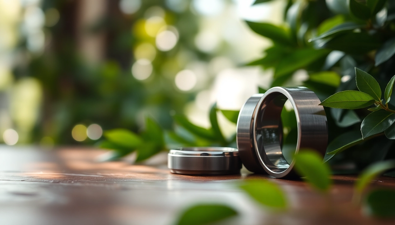 Showcase of tungsten rings highlighting their unique textures and elegance among greenery.