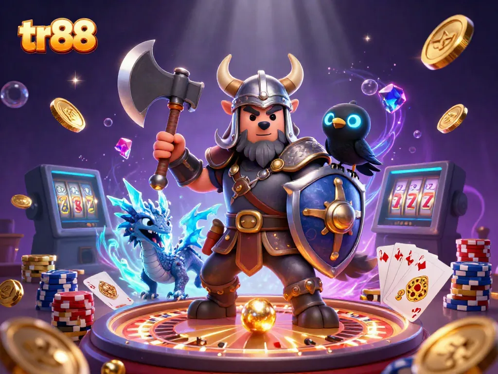 Experience thrilling gameplay with tr 88 featuring cartoon Viking warrior, dragon, and vibrant casino elements.