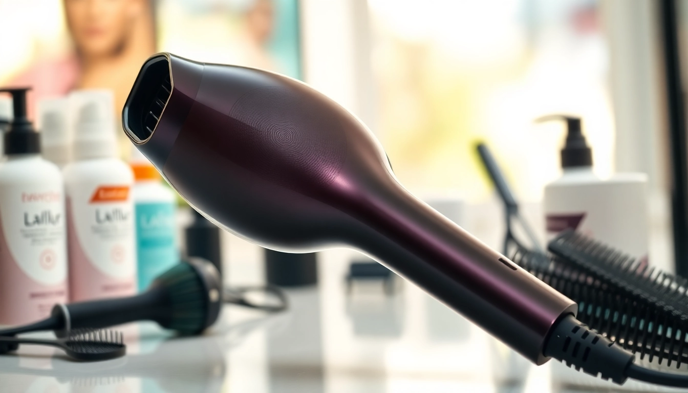 Stylish ionic blow dryer showcasing its sleek features amidst salon tools on a countertop.