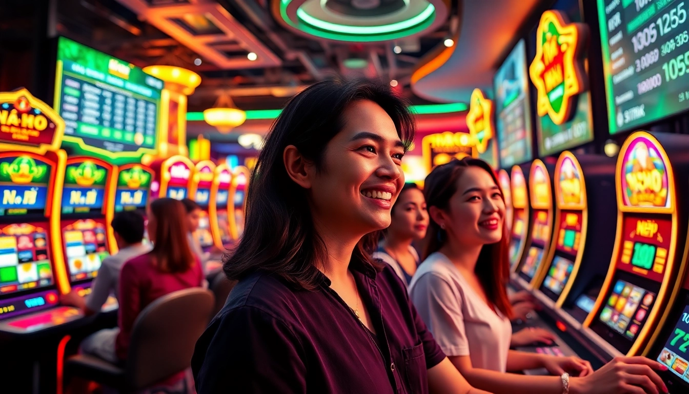 Nổ Hũ vibrant online gaming experience featuring modern slot machines and excited players in a dynamic casino atmosphere.
