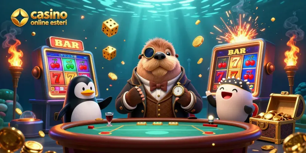 Casinò online esteri: un'immagine dinamica di un'illustrazione 3D con un tricheco che gioca a poker con un pinguino e un pesce puffer.
