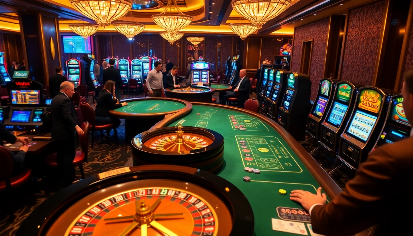 Exciting gambling scene at MMOO casino with poker tables and vibrant slot machines.