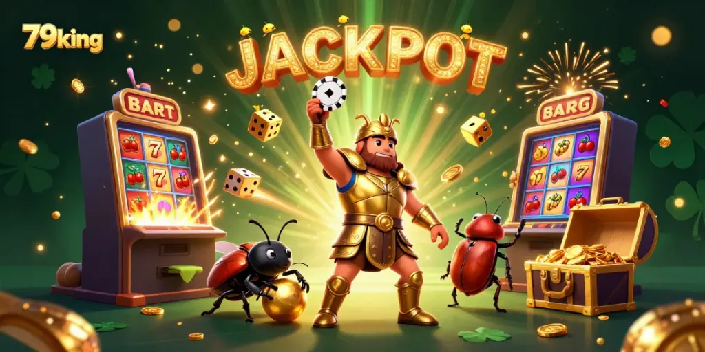 Experience the thrill of 79king with vibrant cartoons, jackpot symbols, and dynamic casino elements.