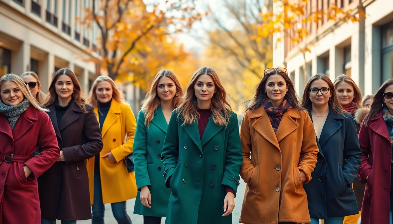 Explore stylish ladies coats and jackets displayed in a vibrant urban setting during autumn.