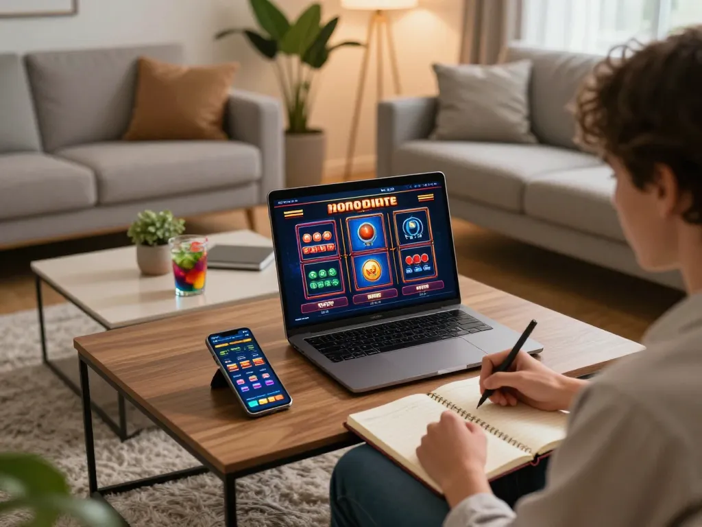 Person analyzing betting strategies while playing on 79king online slots, creating a responsible gaming environment.