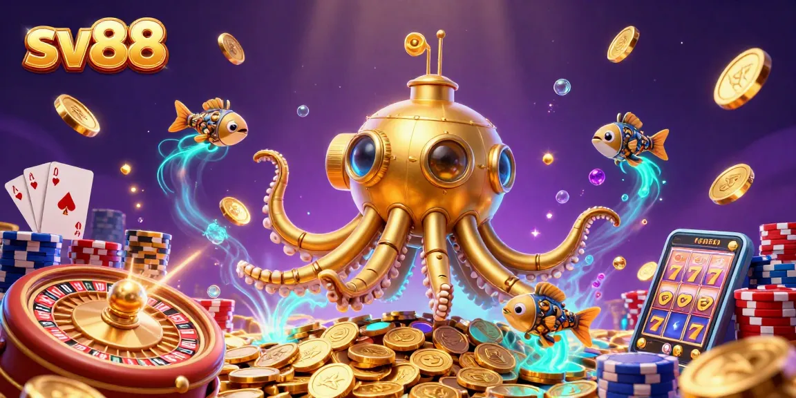 Immerse yourself in sv88's vibrant casino adventure featuring a golden kraken submarine amid floating coins.