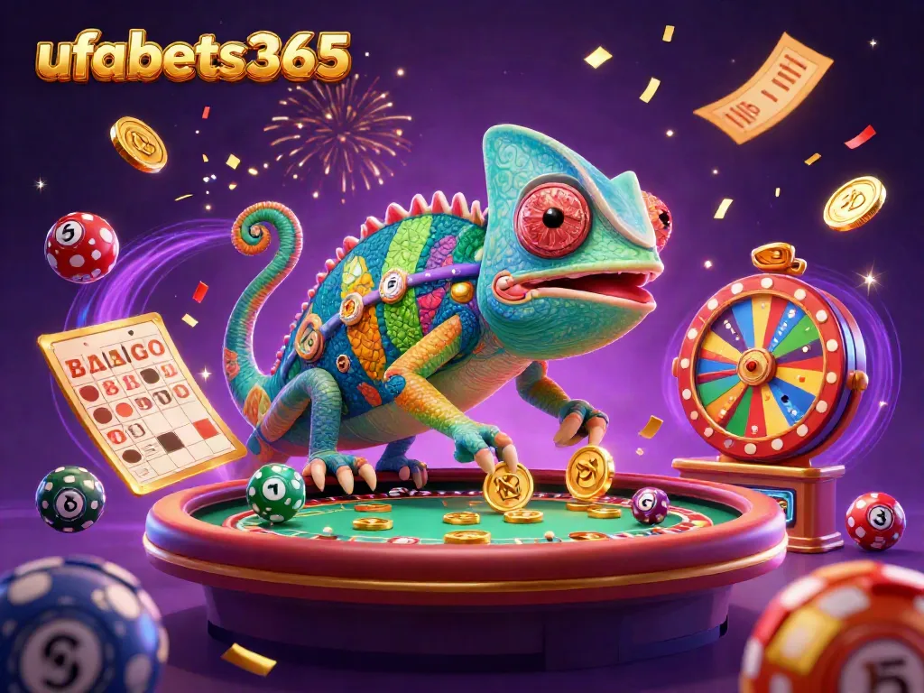 Engage in exciting gambling action with ufabets365, featuring vibrant casino elements and a playful chameleon host.