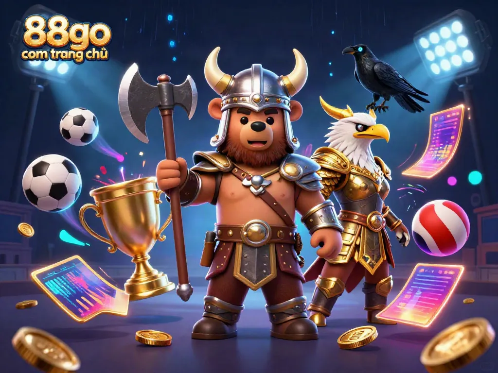 Engage with 88go com trang chủ through this dynamic gambling scene featuring animated characters and vibrant sports elements.