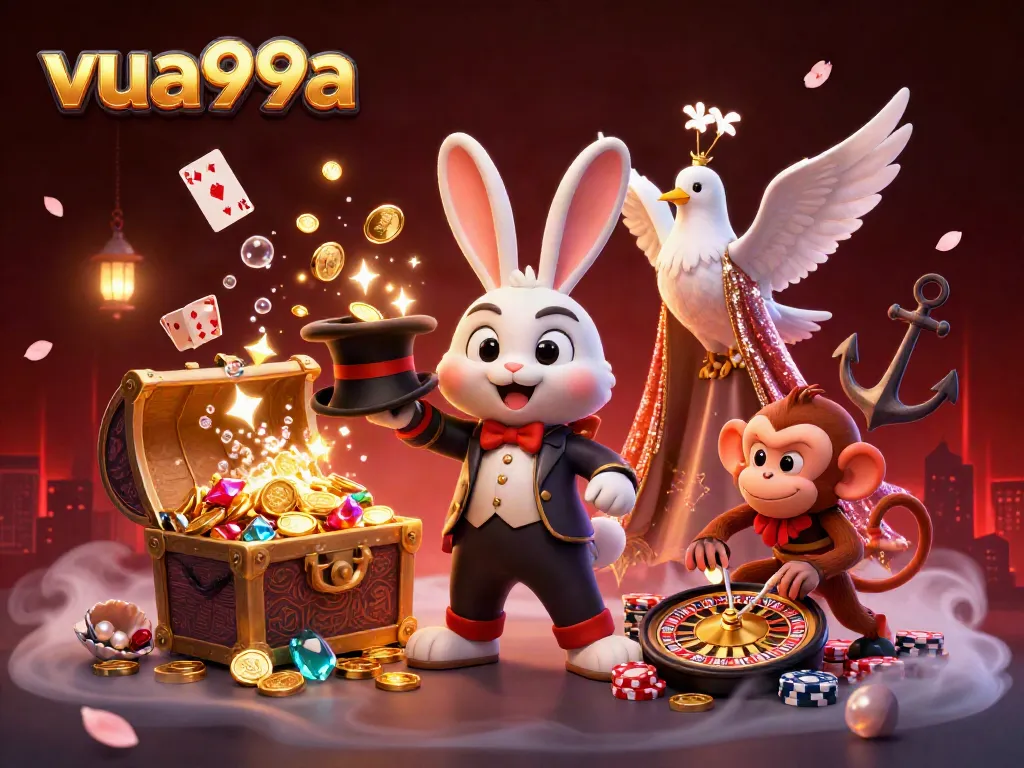 Experience gaming excitement with vua99a as a magician rabbit pulls out coins, a dove glams up the scene, and a monkey steals poker chips.