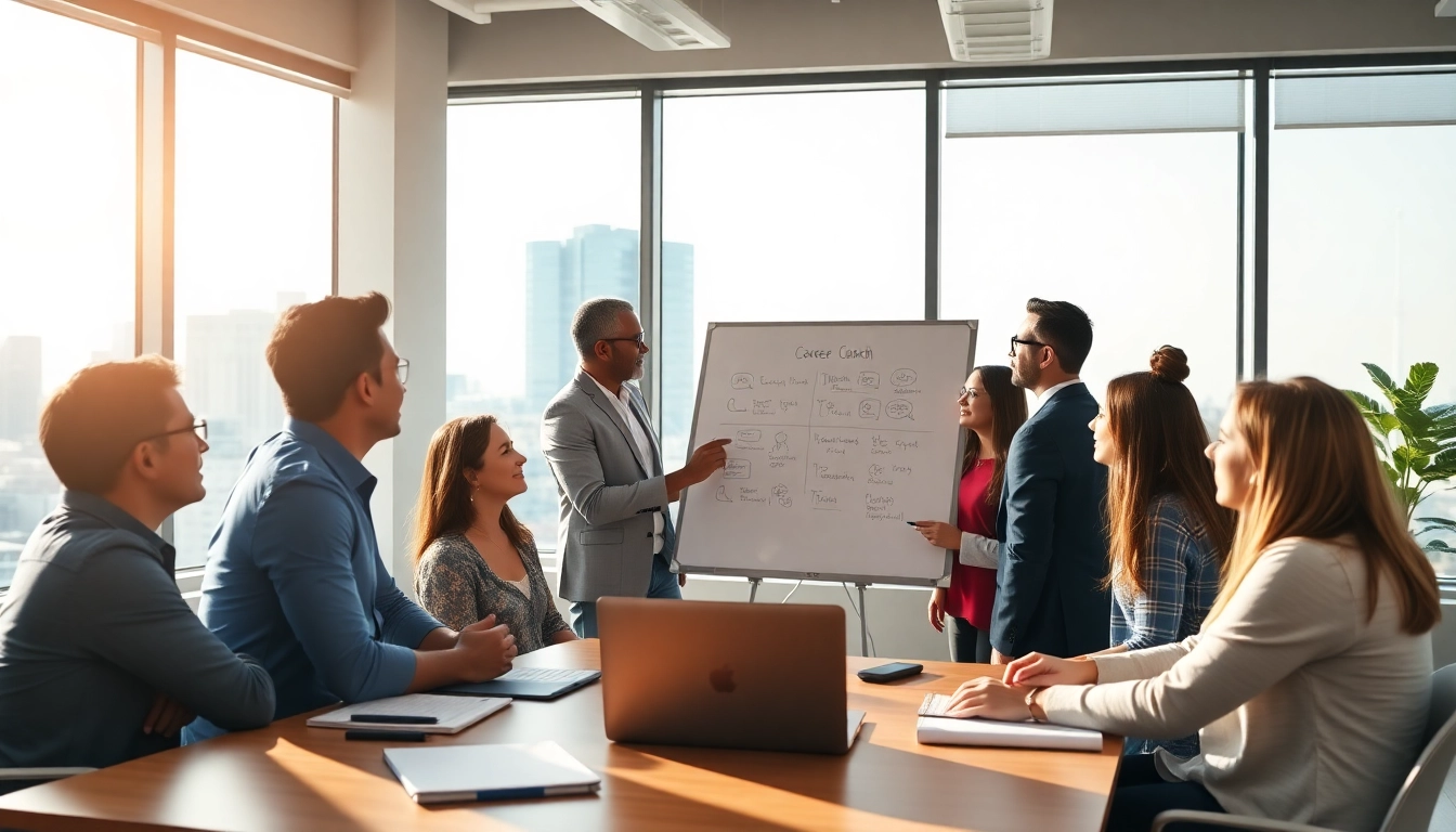 Engaging career coaching session highlighting diverse individuals in a modern office.