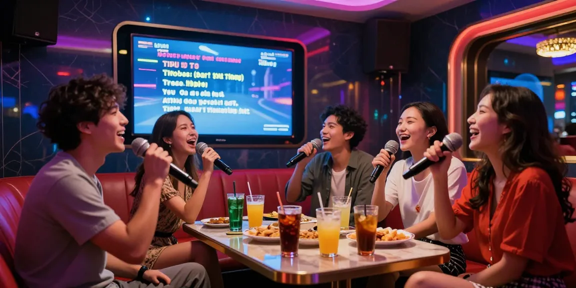 다낭 가라오케에서 친구들과 즐거운 시간을 보내는 모습, 화려한 조명이 비추는 현대적인 인테리어의 노래방에서 함께 노래하는 장면