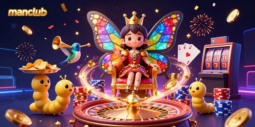 Experience manclub excitement with a dazzling illustration of a butterfly queen and casino games.