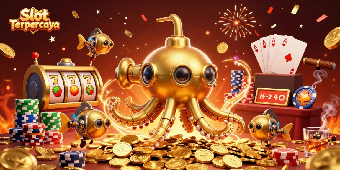 Engage with Slot Terpercaya through an enchanting underwater scene featuring a golden kraken and joyous gaming elements.
