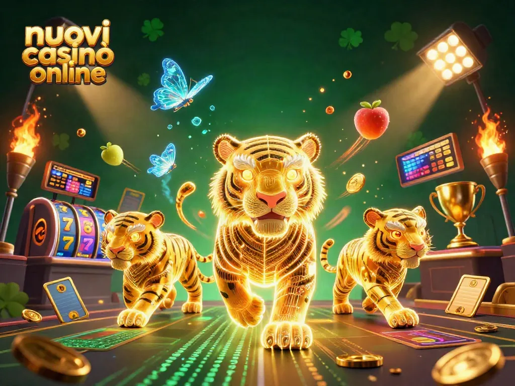 Esplora nuovi casinò online con una tigre di luce attraverso un paesaggio digitale di slot e jackpot.