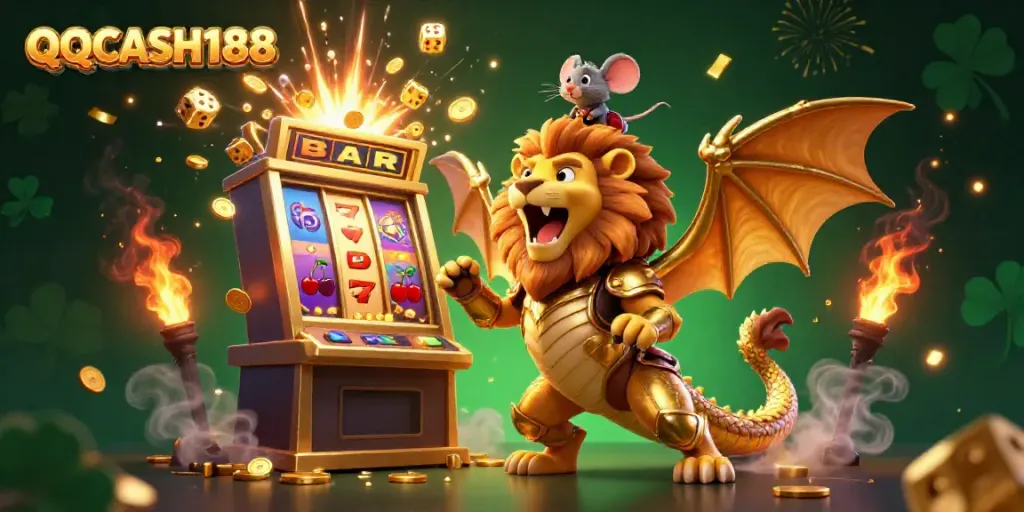 Experience big wins with QQCASH188 as a chimera creature and mouse jockey celebrate around jackpot symbols.
