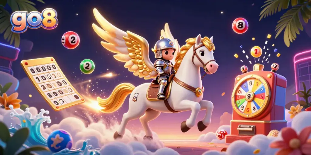 Engage with go8's vibrant gaming world featuring a knight riding a celestial horse amid dynamic casino elements.