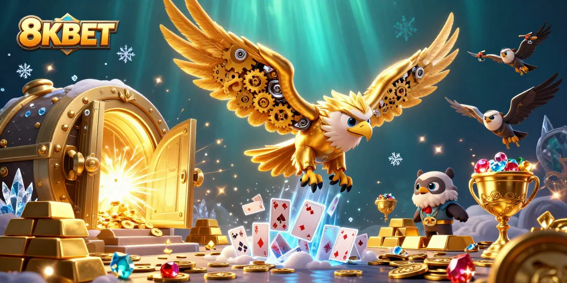 Experience the thrill of winning at 8KBET with cybernetic characters diving through holographic cards in a dynamic casino scene.
