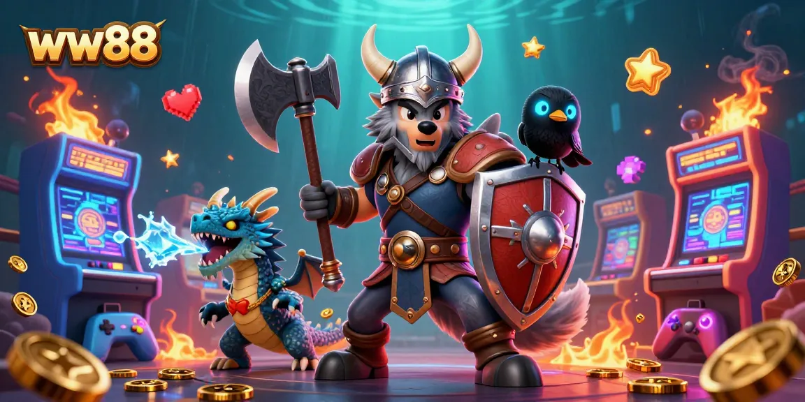 Engage with thrilling games at ww88 featuring a Viking warrior, dragon, and vibrant casino elements.