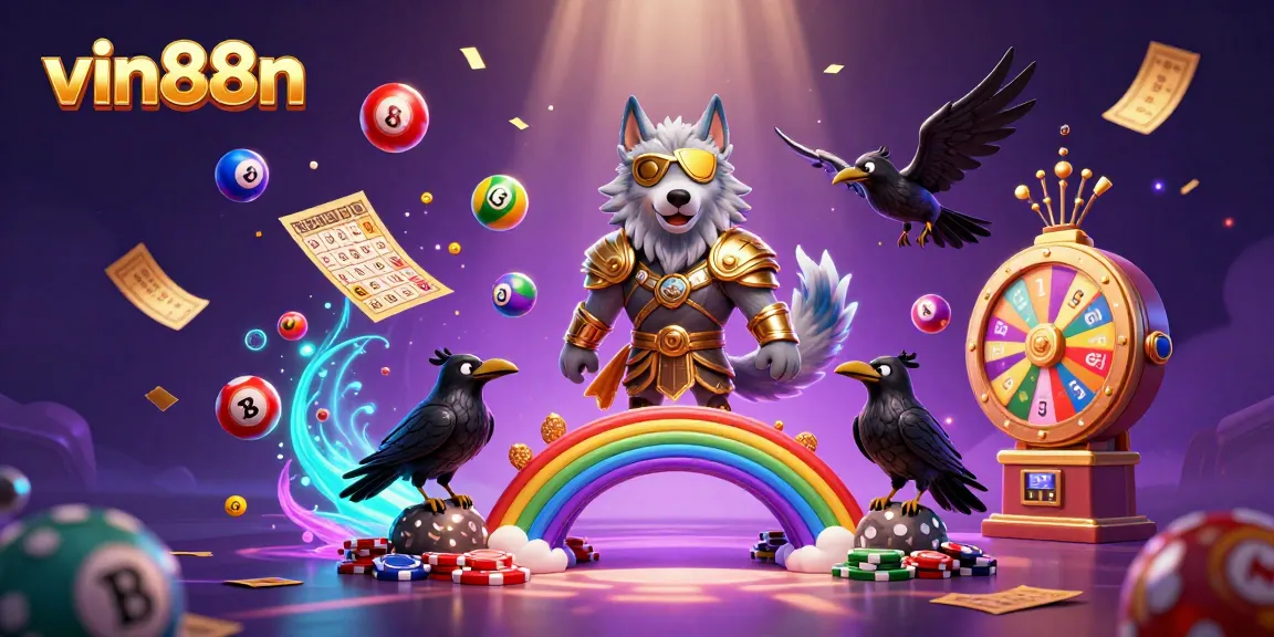 Engage with vin88n's vibrant casino world featuring lottery balls, prize wheels, and a mystical Odin wolf.